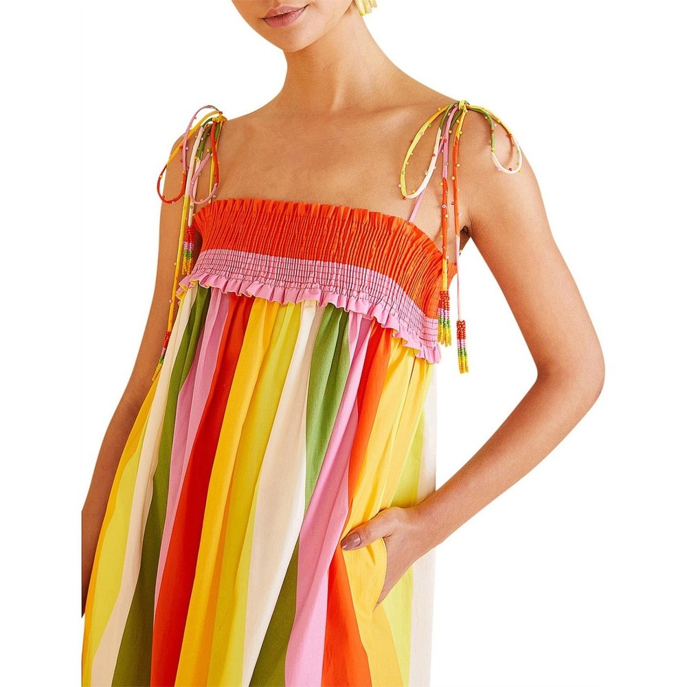Farm Rio MIXED Multicolored Stripe Smocked  MIDI DRESS Size Medium New with tags - Picture 3 of 10